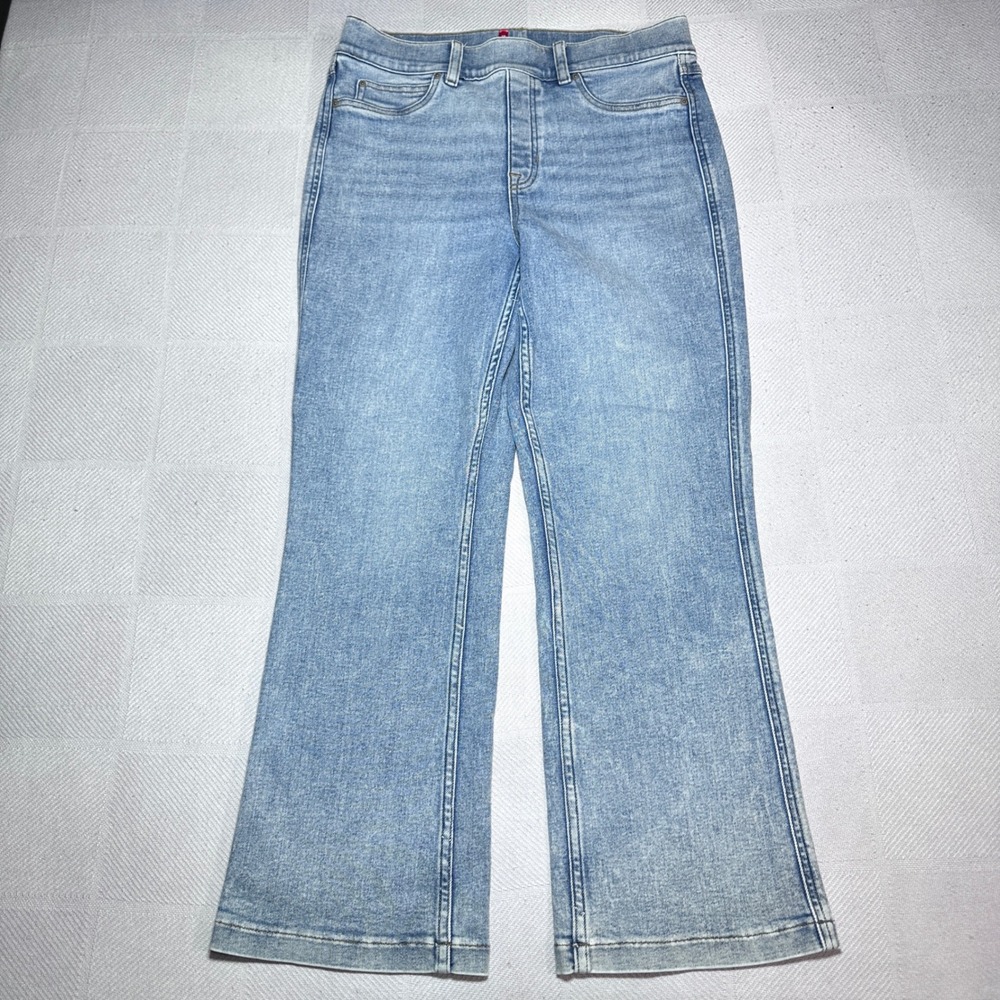 Spanx Kick Flare Jeans Womens Large High Rise Marble Light Wash Blue 20845R